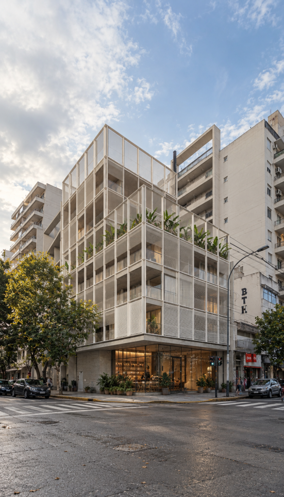 Carranza y Córdoba: perspectiva de la esquina y su retícula de fachada